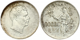 Romania 100000 Lei 1946 Mihai I(1940-1947). Averse: Head right. Reverse: Standing figure releasing dove with crowned shield at lower right; value at l...