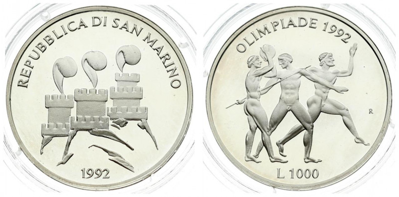 San Marino 1000 Lire 1992R Averse: Stylized ostrich feathers and towers. Reverse...