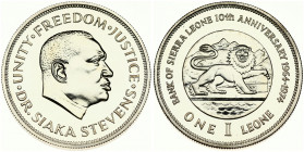 Sierra Leone 1 Leone 1974 10 Anniversary of Bank. Averse: Lion right within circle. Reverse: Head of Dr. Siaka Stevens right. Silver. KM 26a. With Box...