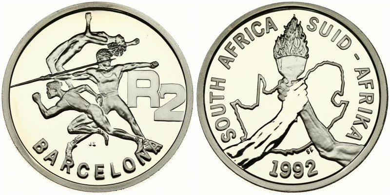 South Africa 2 Rand 1992 Barcelona Olympics. Averse: Arms holding torch with out...