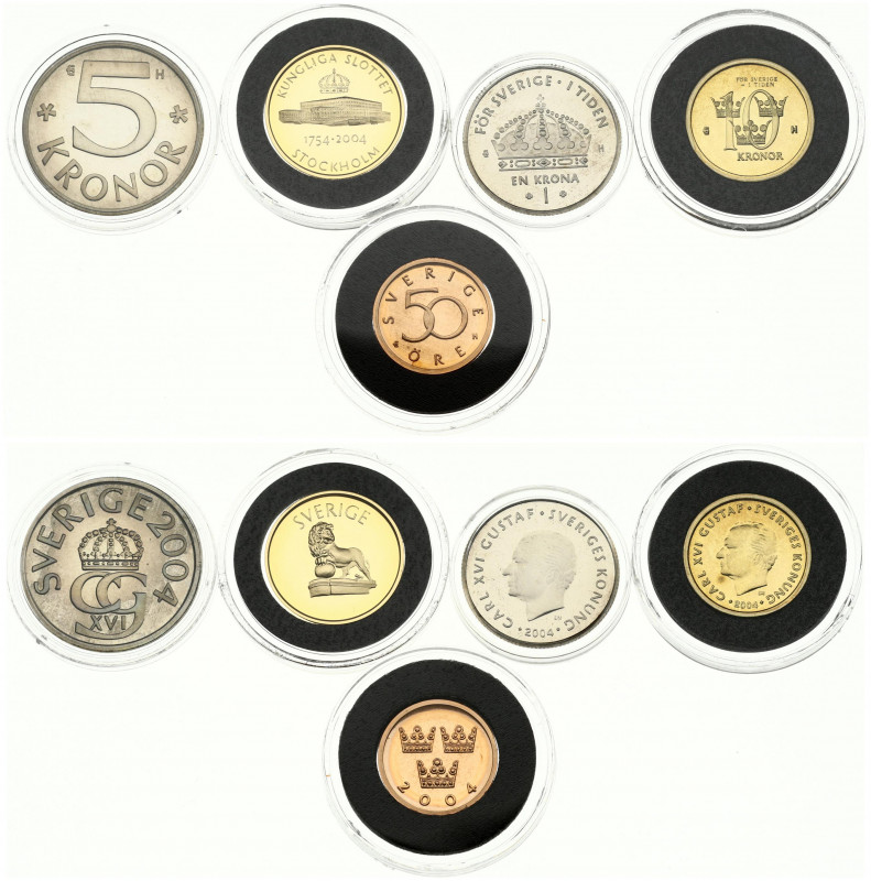 Sweden 50 Ore -10 Kronor 2004 Exclusive Proofset 21.6K gold. Royal Palace 1754-2...