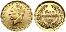 Turkey 100 Kurush 1923/70 Averse: Head of Atatürk left. Reverse: Legend and date within wreath. Gold. KM 855