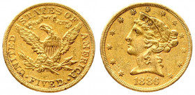USA 5 Dollars 1886 Philadelphia. Liberty / Coronet Head - Half Eagle With motto. Averse: The bust of Liberty with the date below. Lettering:* * * * * ...
