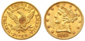 USA 5 Dollars 1901 S San Francisco. Liberty / Coronet Head - Half Eagle With motto. Averse: The bust of Liberty with the date below. Lettering:* * * *...