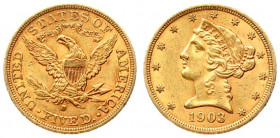 USA 5 Dollars 1903 S San Francisco. Liberty / Coronet Head - Half Eagle With motto. Averse: The bust of Liberty with the date below. Lettering:* * * *...
