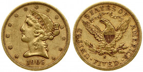 USA 5 Dollars 1905 S San Francisco. Liberty / Coronet Head - Half Eagle With motto. Averse: The bust of Liberty with the date below. Lettering:* * * *...