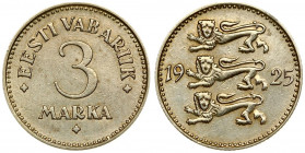 Estonia 3 Marka 1925. Averse: Three leopards left divide date. everse: Denomination. Nickel-Bronze. KM 2a