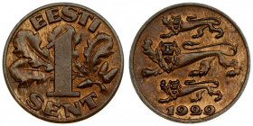 Estonia 1 Sent 1929. Averse: Three leopards left above date. Reverse: Denomination oak leaves in background. Edge Description: Plain. Bronze. KM 10