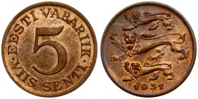 Estonia 5 Senti 1931 Averse: Three leopards left above date. Reverse: Denomination. Edge Description: Plain. Bronze. KM 11