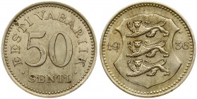 Estonia 50 Senti 1936 Averse: National arms divide date. Reverse: Denomination. Edge Description: Plain. Nickel-Bronze. KM 18