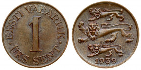 Estonia 1 Sent 1939 Averse: Three leopards left above date. Reverse: Denomination. Edge Description: Plain. Bronze. KM 19.1