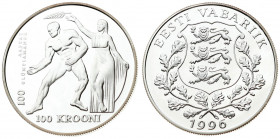 Estonia 100 Krooni 1996 Averse: National arms; wreath surrounds; date below. Reverse: Olympics - Nike crowning Wrestler; denomination below. Silver. K...