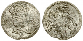 Latvia Courland 2 Denar 1579. Stephen Bathory(1576–1586). Averse: Stephen monogram; dividing date. Lettering: SB 15-79. Reverse: Rider on the horse; v...