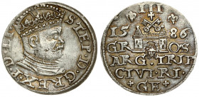 Latvia 3 Groszy 1586 Riga. Stefan Batory (1576–1586). Averse: Crowned bust right. Reverse: Value and coat of arms over the city sign. Silver.(Small he...