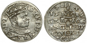 Latvia 3 Groszy 1586 Riga. Stefan Batory (1576–1586). Averse: Crowned bust right. Reverse: Value and coat of arms over the city sign. Silver.(Small he...