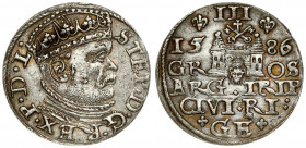 Latvia 3 Groszy 1586 Riga. Stefan Batory (1576–1586). Averse: Crowned bust right. Reverse: Value and coat of arms over the city sign. Silver.(Big head...