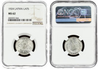 Latvia 1 Lats 1924. Averse: Arms with supporters. Reverse: Value and date within wreath. Edge Description: Milled. Silver. KM 7. NGC MS 62