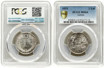 Latvia 2 Lati 1925. Averse: Arms with supporters. Reverse: Value and date within wreath. Edge Description: Milled. Silver. KM 8. PCGS MS64