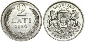 Latvia 2 Lati 1926 Averse: Arms with supporters. Reverse: Value and date within wreath. Edge Description: Milled. Silver. KM 8