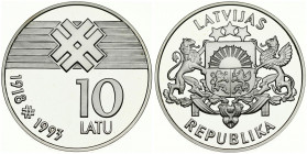Latvia 10 Latu 1993 75th Anniversary - Declaration of Independence. Averse: Arms with supporters. Reverse: Artistic lined art above value and dates. E...
