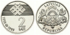 Latvia 2 Lati 1993 75th Anniversary - Declaration of Independence. Averse: Arms with supporters. Reverse: Artistic lined art above value and dates. Ed...