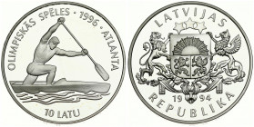 Latvia 10 Latu 1994 Averse: Arms with supporters. Reverse: Man paddling canoe. Silver. KM 24