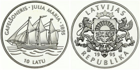 Latvia 10 Latu 1995 Julia Maria. Averse: National arms. Reverse: 3-masted schooner. Silver. KM 25