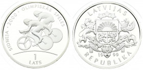 Latvia 1 Lats 1999 Averse: National arms. Reverse: Two cyclists. Edge Description: Lettered. Silver. KM 44