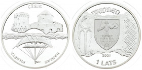 Latvia 1 Lats 2001 Hanseatic City of Cesis. Averse: City arms. Reverse: Sailing ship above; inverted walled city view below. Edge Lettering: LATVIJAS ...