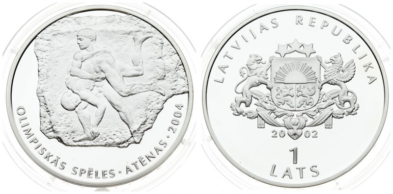 Latvia 1 Lats 2002 Olympics 2004. Averse: Arms with supporters. Reverse: Ancient...