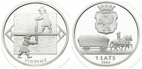 Latvia 1 Lats 2004 Vidzeme. Averse: Crowned arms above horse drawn wagon. Reverse: Two men sawing wood. Edge Lettering: LATVIJAS BANKA • LATVIJAS REPU...