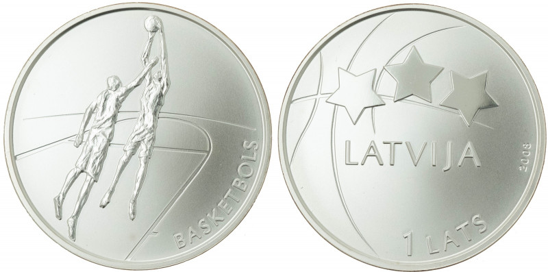 Latvia 1 Lats 2008 Basketball. Averse: Three stars and stylized basket ball desi...