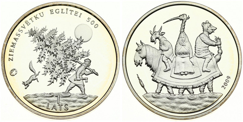 Latvia 1 Lats 2009 Christmas Tree; 500th Anniversary. Averse: Three children in ...