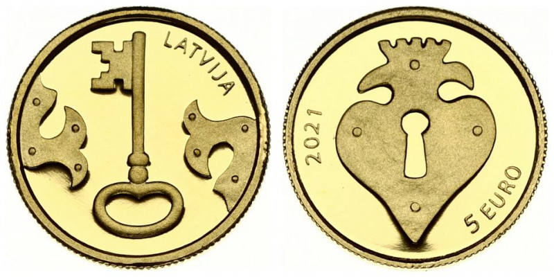 Latvia 5 Euro 2021 The Key. Averse: of the coin features a key and elements of a...