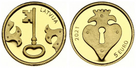 Latvia 5 Euro 2021 The Key. Averse: of the coin features a key and elements of a hope chest fittings. Lettering: LATVIA. Reverse: are depicted fitting...