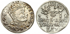 Lithuania 3 Groszy 1581 Vilnius. Stephen Bathory(1576–1586). Averse: Crowned bust right. Reverse: Value; divided date; symbols and two-line inscriptio...