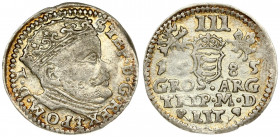 Lithuania 3 Groszy 1585 Vilnius. Stephen Bathory(1576–1586). Averse: Crowned bust right. Reverse: Value; divided date; symbols and two-line inscriptio...
