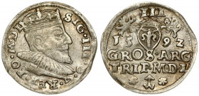 Lithuania 3 Groszy 1592 Vilnius. Sigismund III Vasa (1587-1632) Averse: Crowned bust right. Reverse: Value; divided date; symbols and two-line inscrip...