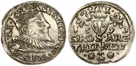 Lithuania 3 Groszy 1593 Vilnius. Sigismund III Vasa (1587-1632) Averse: Crowned bust right. Reverse: Value; divided date; symbols and two-line inscrip...