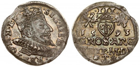 Lithuania 3 Groszy 1593 Vilnius. Sigismund III Vasa (1587-1632) Averse: Crowned bust right. Reverse: Value; divided date; symbols and two-line inscrip...