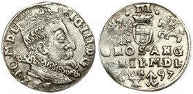 Lithuania 3 Groszy 1597 Vilnius. Sigismund III Vasa (1587-1632) Averse: Crowned bust right. Reverse: Value; divided date; symbols and two-line inscrip...