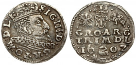Lithuania 3 Groszy 1602 Vilnius. Sigismund III Vasa (1587-1632) Averse: Crowned bust right. Reverse: Value; divided date; symbols and two-line inscrip...