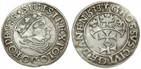 Poland Gdansk 1 Grosz 1538 Sigismund I (1506–1548). Averse Lettering: SIGIS I REX POLO DO TOCI PRVSS. Reverse Lettering: GROSSVS CIVI GEDANEN I538. Si...