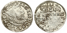 Poland 3 Groszy 1590 Poznan. Sigismund III Vaza(1587–1632). Averse: Crowned bust. Reverse: Value and armorial above legend; date and mintmaster below....