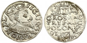 Poland 3 Groszy 1593 Poznan. Sigismund III Vaza(1587–1632). Averse: Crowned bust. Reverse: Value and armorial above legend; date and mintmaster below....