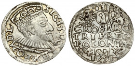Poland 3 Groszy 1594 Poznan. Sigismund III Vaza(1587–1632). Averse: Crowned bust. Reverse: Value and armorial above legend; date and mintmaster below....