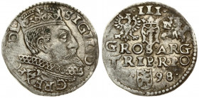 Poland 3 Groszy 1598 Poznan. Sigismund III Vasa (1587-1632). Crown coins. Averse: Crowned bust right. Reverse: Value; divided date; symbols and two-li...