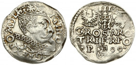 Poland 3 Groszy 1599 Poznan. Sigismund III Vaza(1587–1632). Averse: Crowned bust. Reverse: Value and armorial above legend; date and mintmaster below....