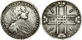 Russia 1 Rouble 1723 OK Peter I (1699-1725). Averse: Laureate bust right. Reverse: Date in cruciform with 4 crowns; monograms in angles. Portrait with...