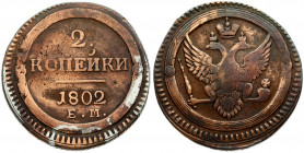 Russia 2 Kopecks 1802 ЕМ Ekaterinburg. Alexander I (1801-1825). Averse: Crowned double imperial eagle within circles. Reverse: Value date within circl...